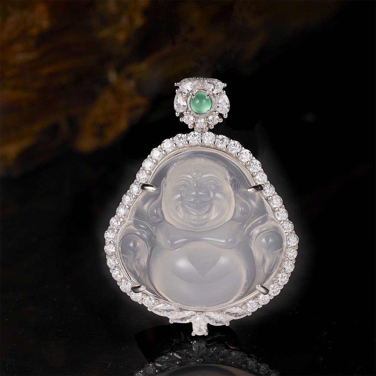 S925 Silver Chinese-style large-bellied Buddha Pendant, high ice chalcedony necklace with diamond and green chalcedony collarbone chain wholesale full figure