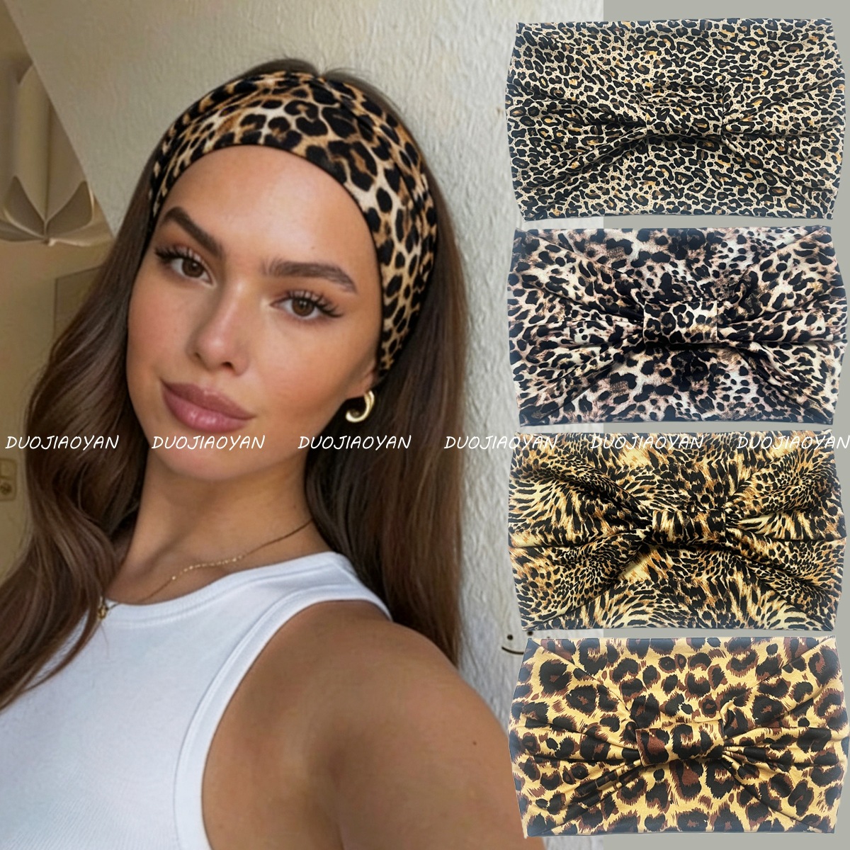 跨境新款复古豹纹发带宽边弹力包腰束发带时尚辣妹头巾运动发带
