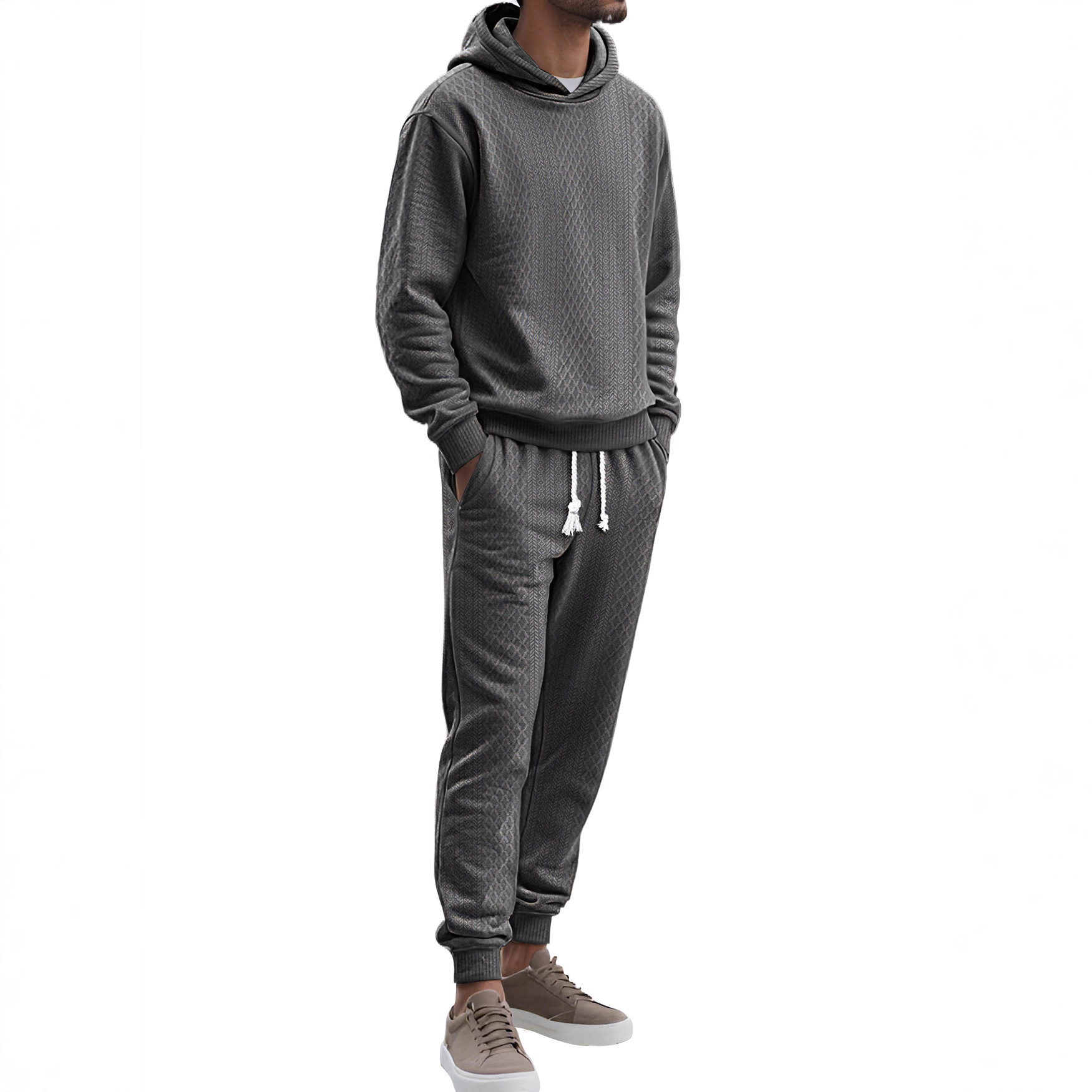 Cross-border TK European and American men's spring and autumn collection, loose, casual, sporty, long-sleeved and long-pants, large-sized jacquard hooded sweatshirt set Specification image