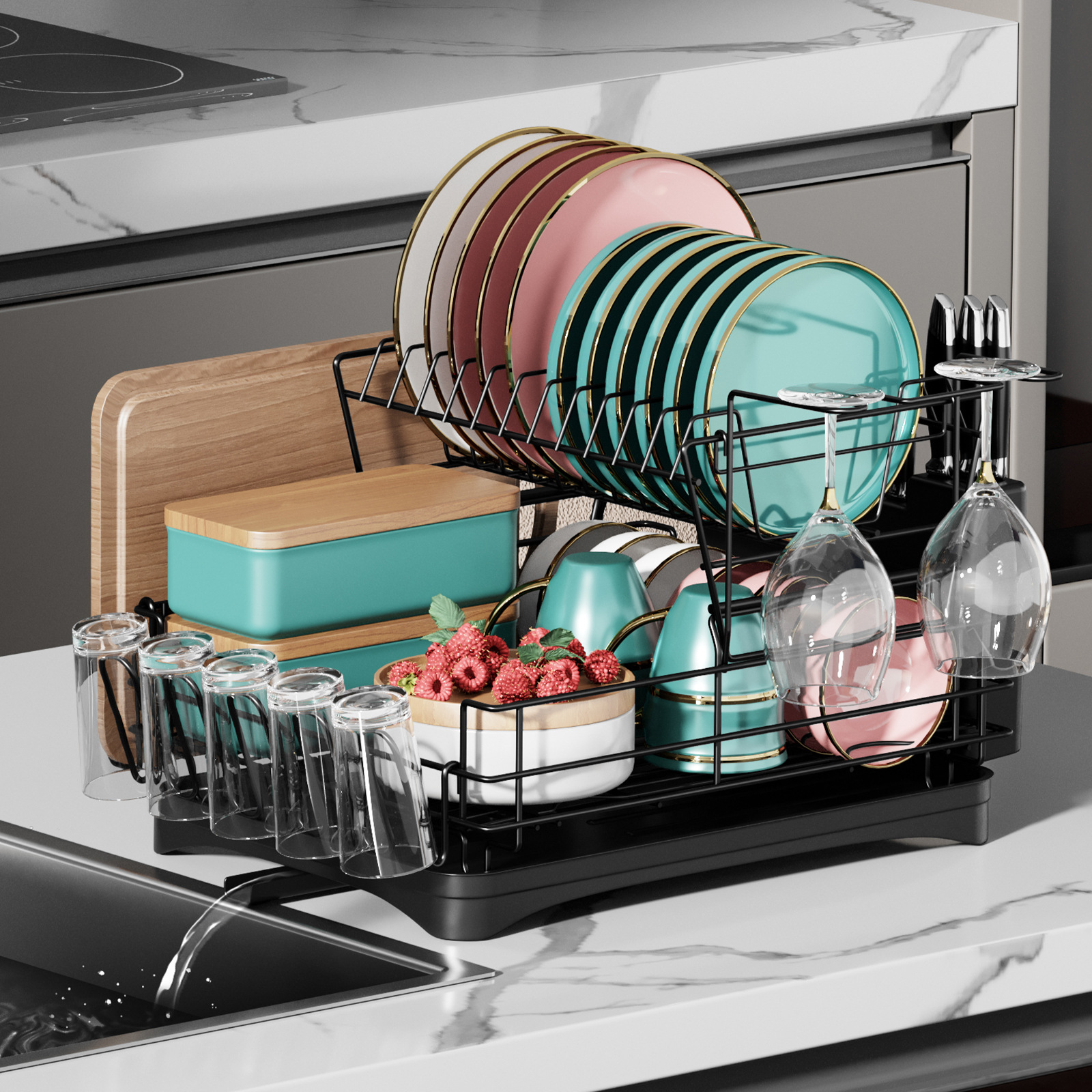 Cross-border Amazon bowl and plate draining rack, double-layer multi-functional bowl and chopstick storage rack, household kitchen water cup storage rack Specification image