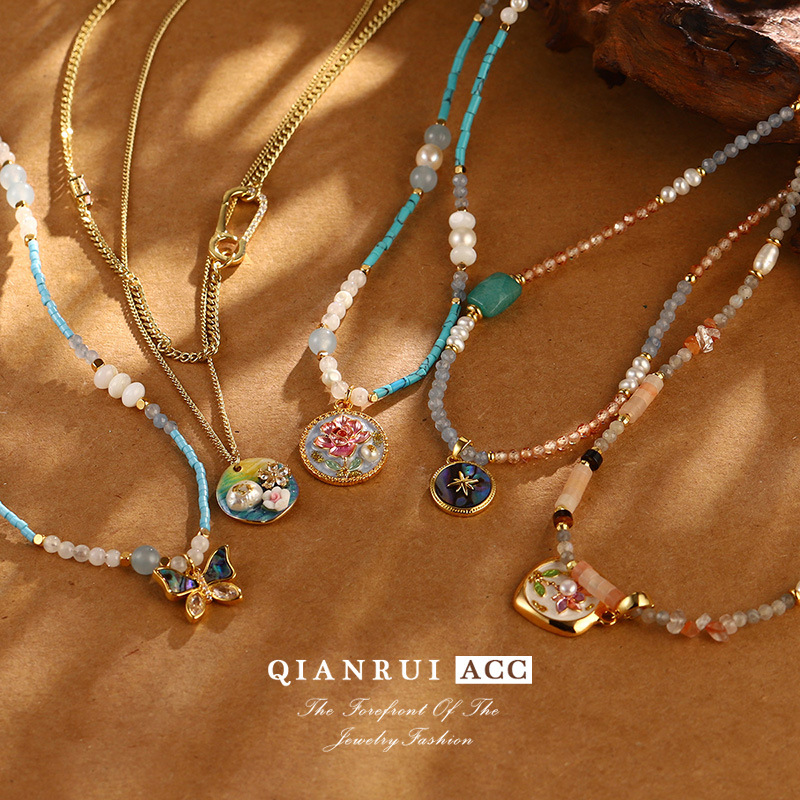 珍珠花朵蝴蝶项链油画系列女小众新中式夏季百搭项饰气质项饰批发