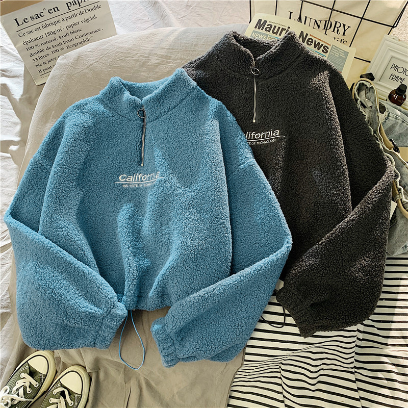 Semi-high collar, thickened with fleece, lambskin fluffy short hoodie for girls, Korean style student autumn and winter warm coat delivery service details Picture