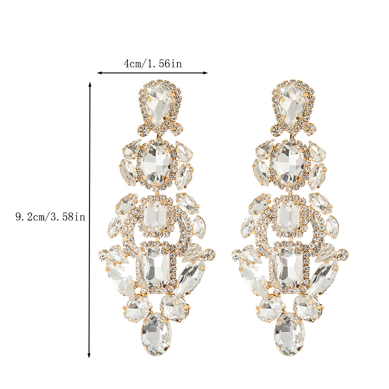 Cross-border European and American full-diamond long Earrings, luxurious, exaggerated irregular water diamond earrings, women 's personality, versatile and trendy accessories Earrings Specification drawing