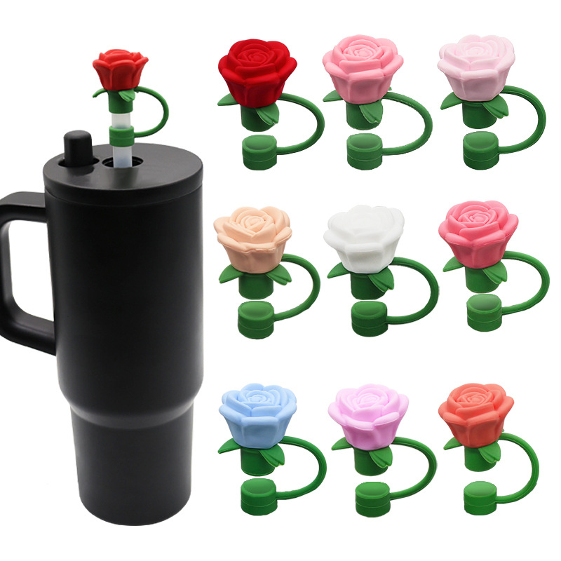 Amazon 3D silicone 10mm straw cap, cross-border cute rose straw, dust-proof and recyclable straw cap