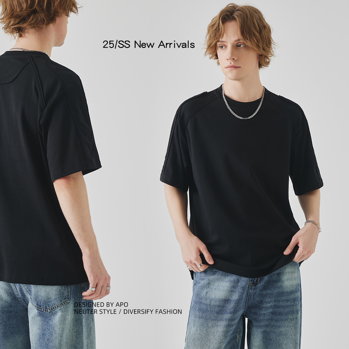 APO men's Wear: Solid-color off-the-shoulder short-sleeved T-shirts, a high-end, loose, round-neck innerwear and base layer Application Scenario