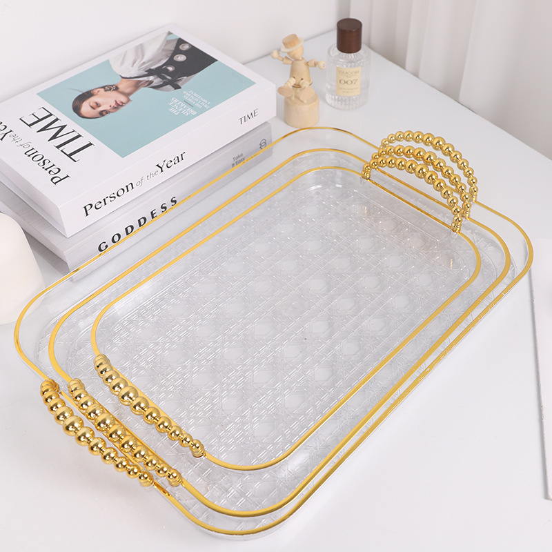 QiyuePET Light Luxury tray, water cup, plastic tea tray, transparent ins fruit tray, transparent gold edge storage tray Specification image
