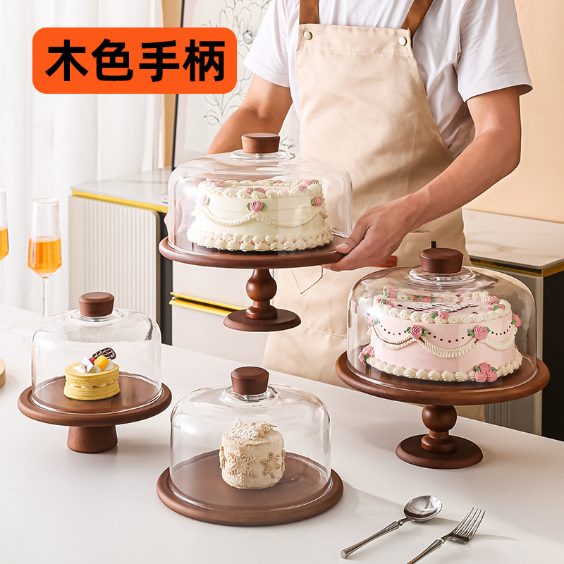 跨境批发玻璃蛋糕罩展示实木托盘玻璃透明罩复古点心试吃陈列岛罩