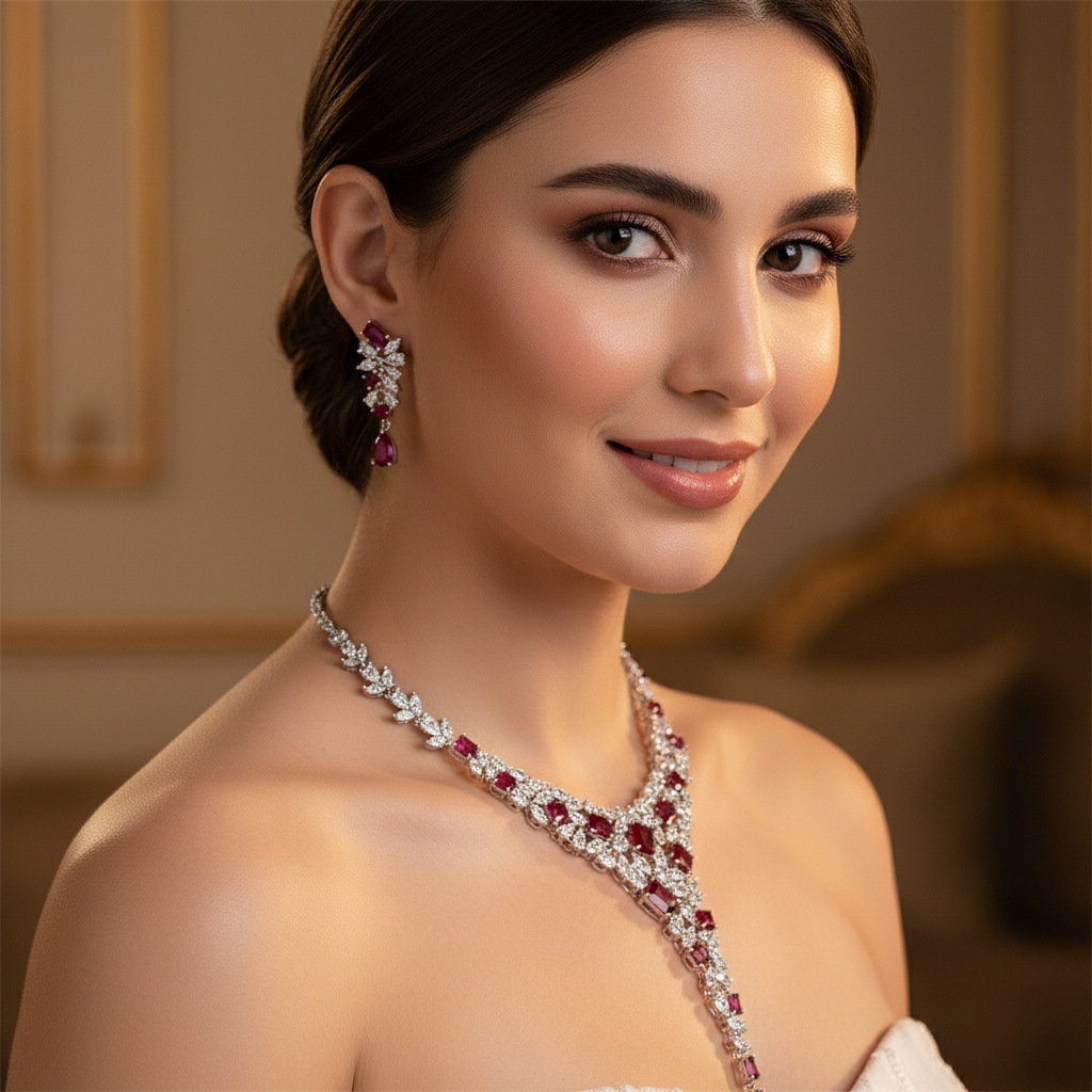 Heavy industry design, high-end sparkle diamond luxurious necklace and earring set, sweet pink water drop elegant banquet accessories