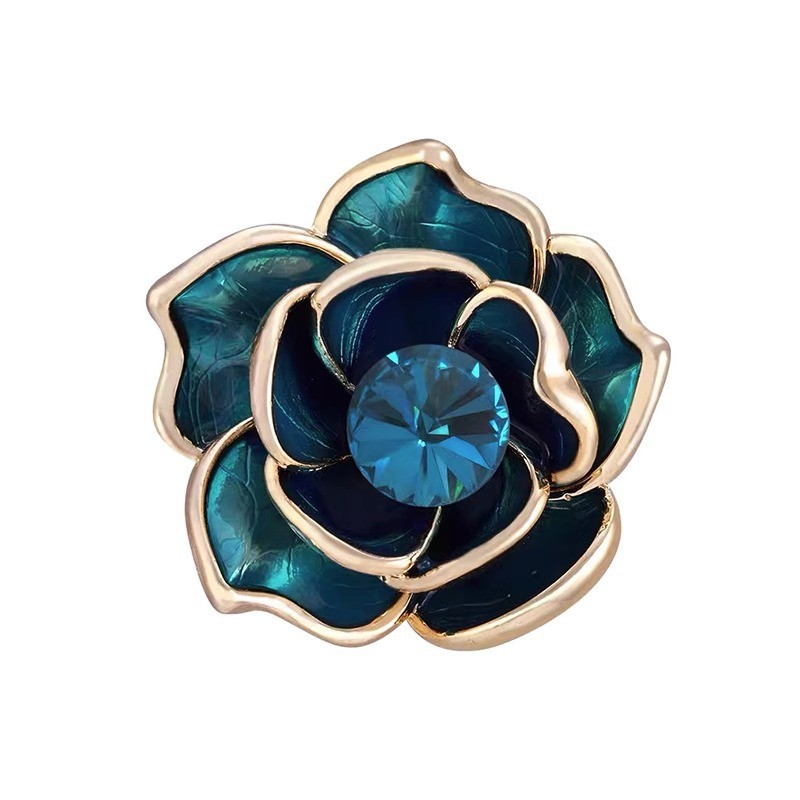 High-end peacock blue camellia brooch, women's luxurious and elegant enamel oil drip brooch, chanel-style clothing accessories Item Picture
