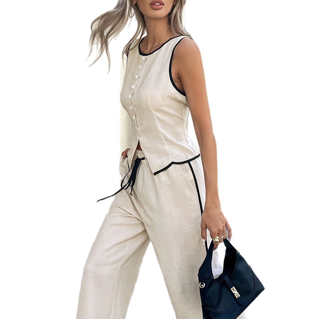 Summer cross-border trade European and American size women's color-matched sleeveless single-breasted vest and drawstring long pants set in stock Item Picture