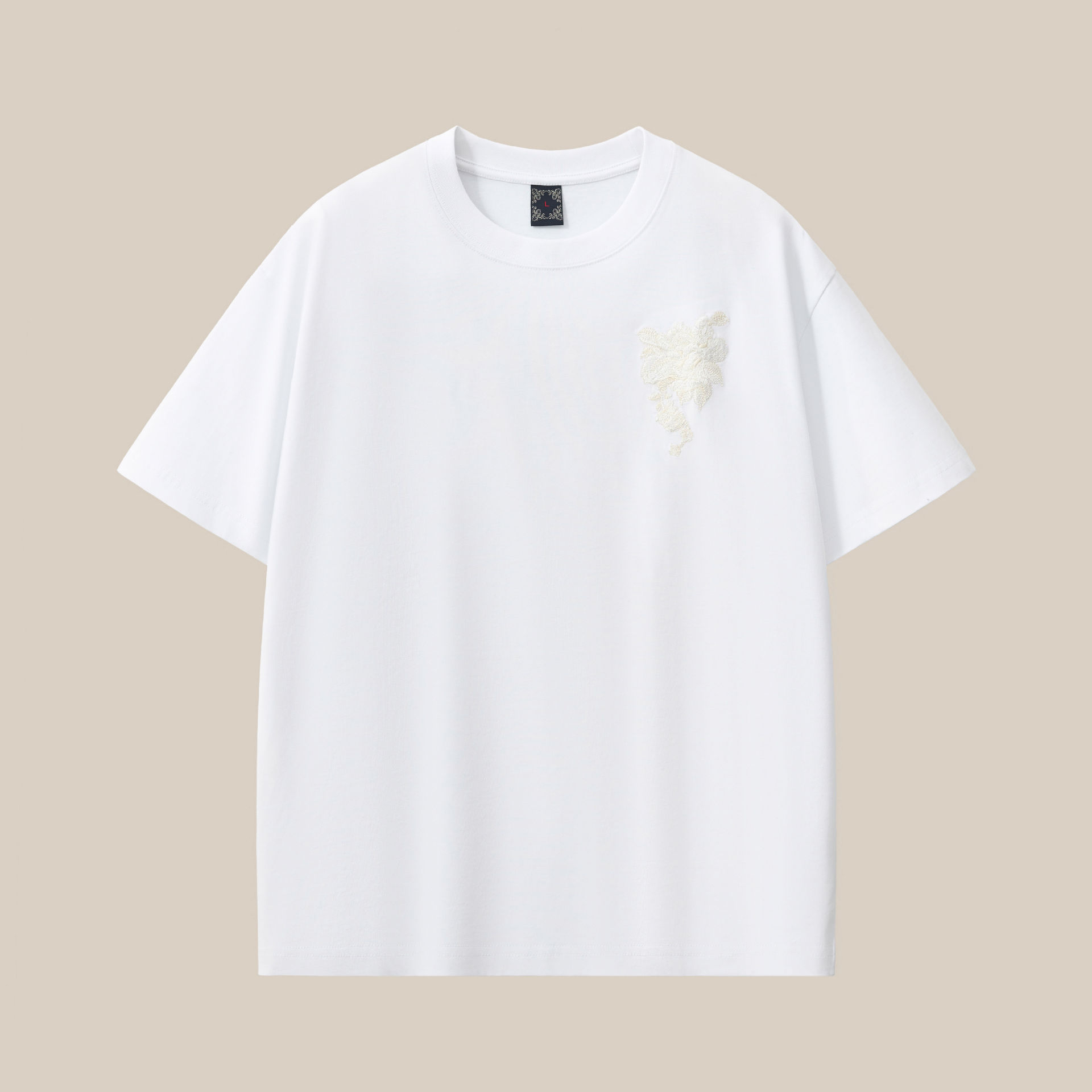 New round-neck off-the-shoulder pure cotton short-sleeved T-shirt for men, a trendy brand with embroidery, loose and large-sized men's clothing, wholesale from the original manufacturer Specification image