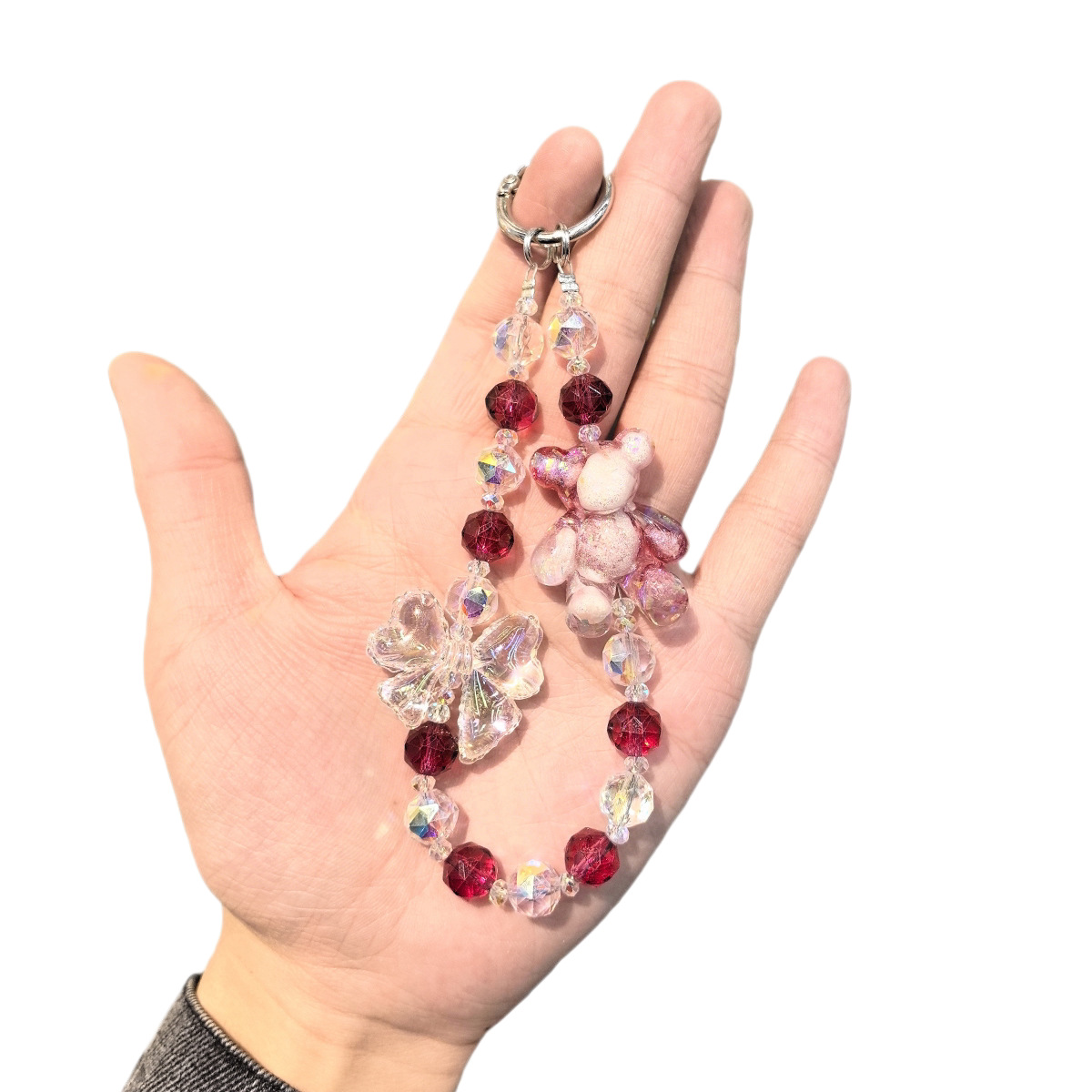 High-end and dazzling crystal bear butterfly mobile phone chain pendant, women's light luxury beaded keychain, internet-famous light luxury pendant Item Picture