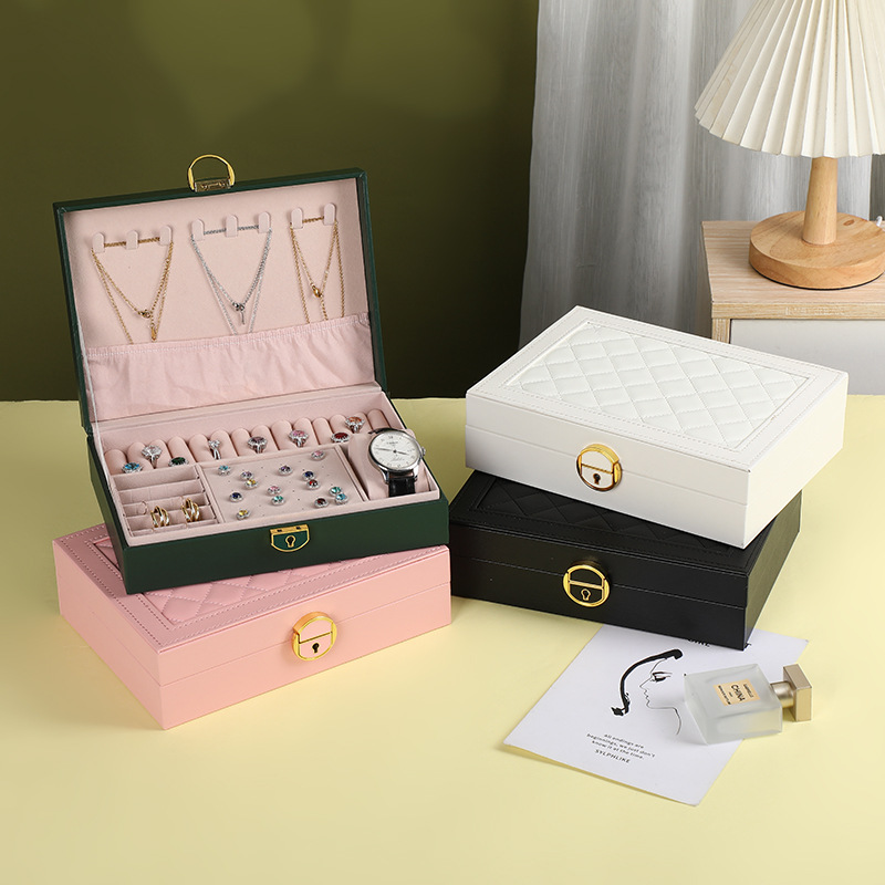Chenyang Jewelry Box, diamond-shaped leather single and double layer retro storage stud necklace, ring bracelet and jewelry box Specification image
