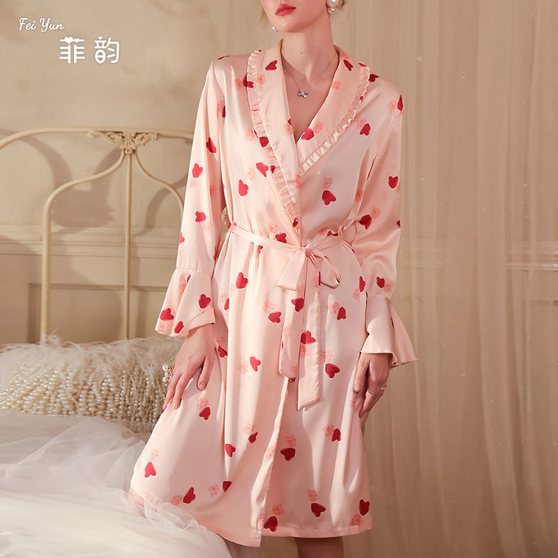 菲韵夏秋款居家冰丝睡衣 女爱心缎面睡袍家居服新娘伴娘团晨袍529