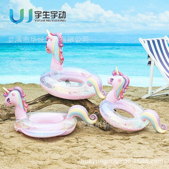 Wholesale of three-dimensional swan swimming rings, inflatable children's trouser pockets, transparent dinosaur thickened sequined unicorn sitting boats Specification image