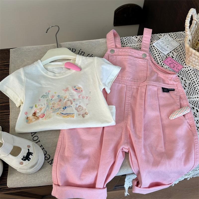Korean children's clothing 2026 new summer girls' pink overalls, loose jumpsuits and cartoon T-shirts two-piece set, trendy Specification image