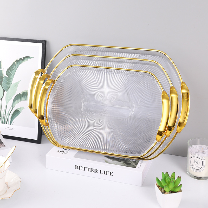 PET轻奢托盘水杯塑料茶盘透明ins水果盘透明金边收纳盘