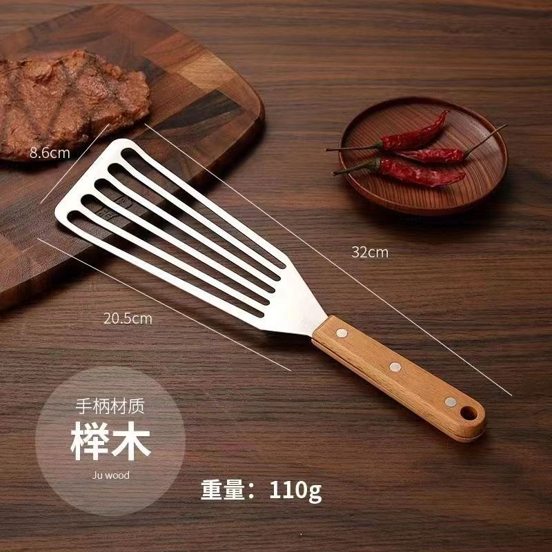 Espátula de carne de vaca espátula de cocina de acero inoxidable espátula multiusos espátula de carne espátula de pescado teppanyaki espátula de anguila espátula de escape con mango de madera Item Picture