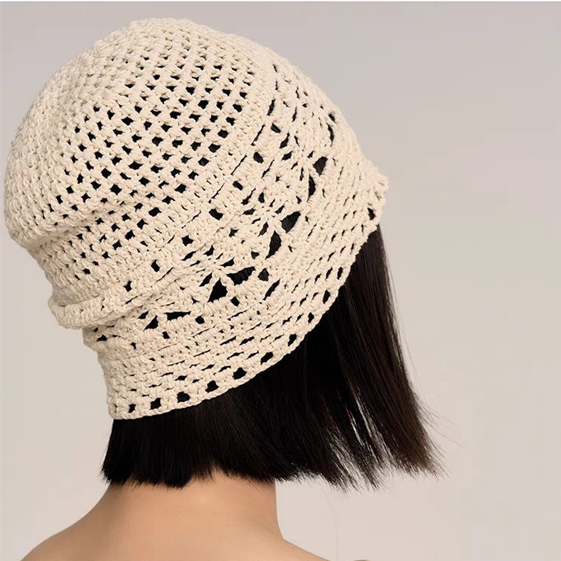 Pure hand-woven headband hat for women, spring and summer thin, breathable and hollowed-out knitted hat, lace artistic pullover, pile hat details Picture