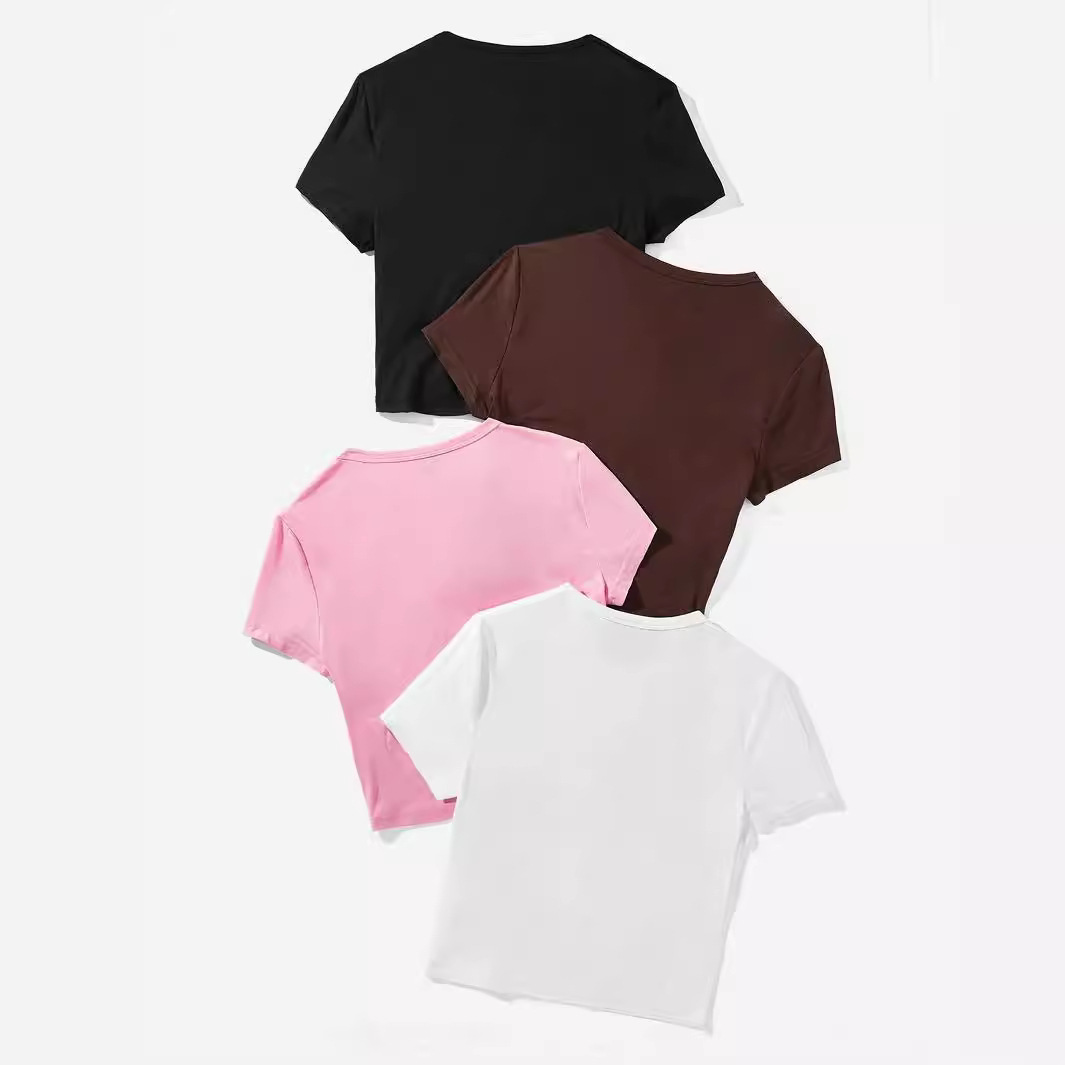 2026 European and American cross-border Summer new tight round-neck top, short sexy casual short-sleeved T-shirt top details Picture