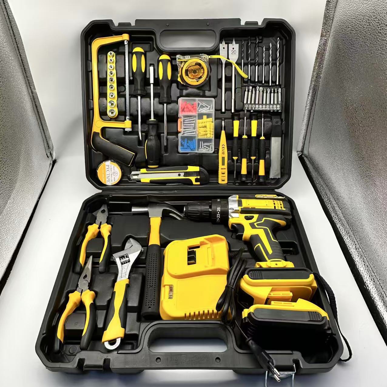 Hand drill, impact drill, household lithium battery hand drill, rechargeable drill, electric screwdriver, electric rotary drilling, cross-border set Specification image