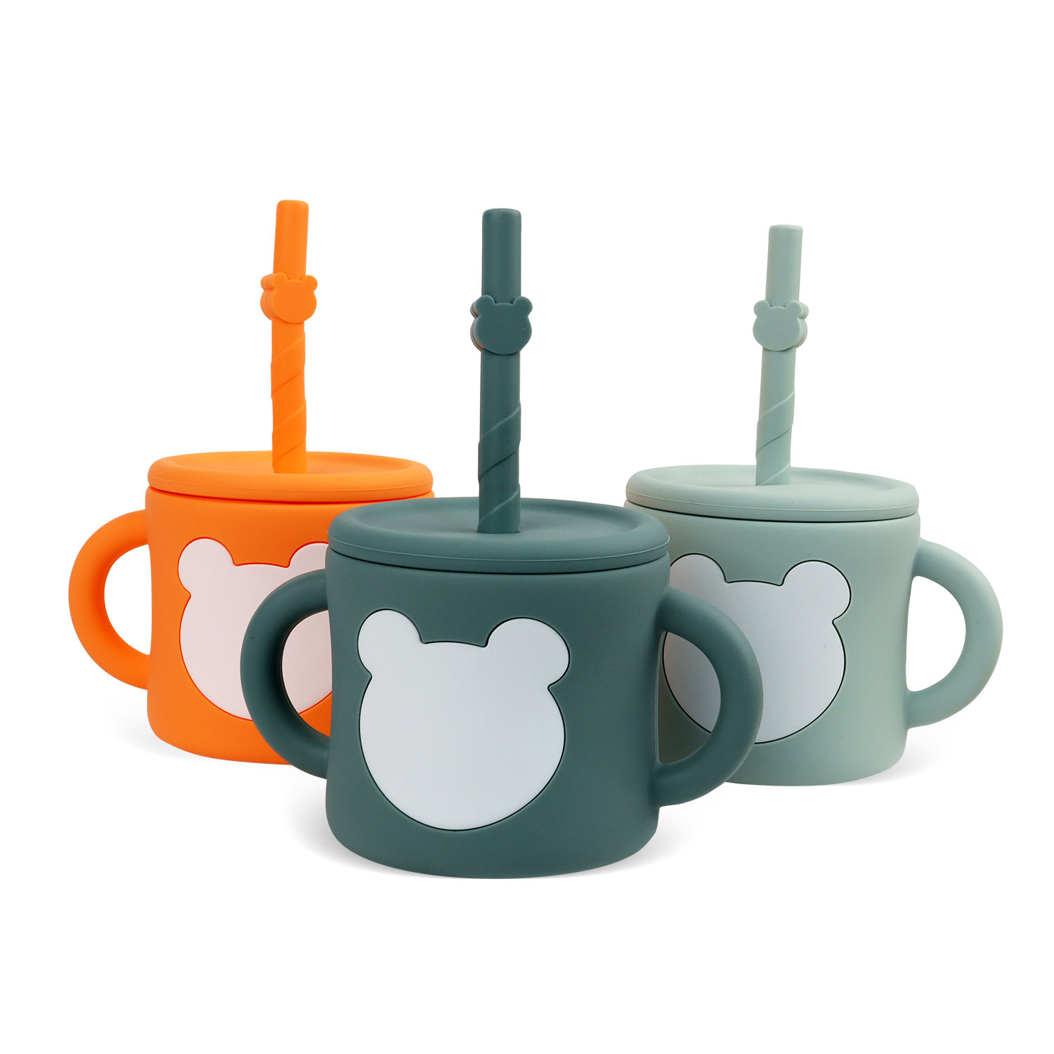 Children's silicone water cups, drinking cups with straws, anti-drop, double-handle graduated direct drinking cups for babies over 1 year old in stock details Picture