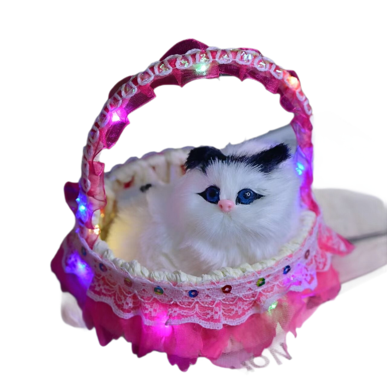 The illuminated basket simulation cat can call the little cat simulation toy, the fur simulation animal model toy, the flower basket cat Item Picture