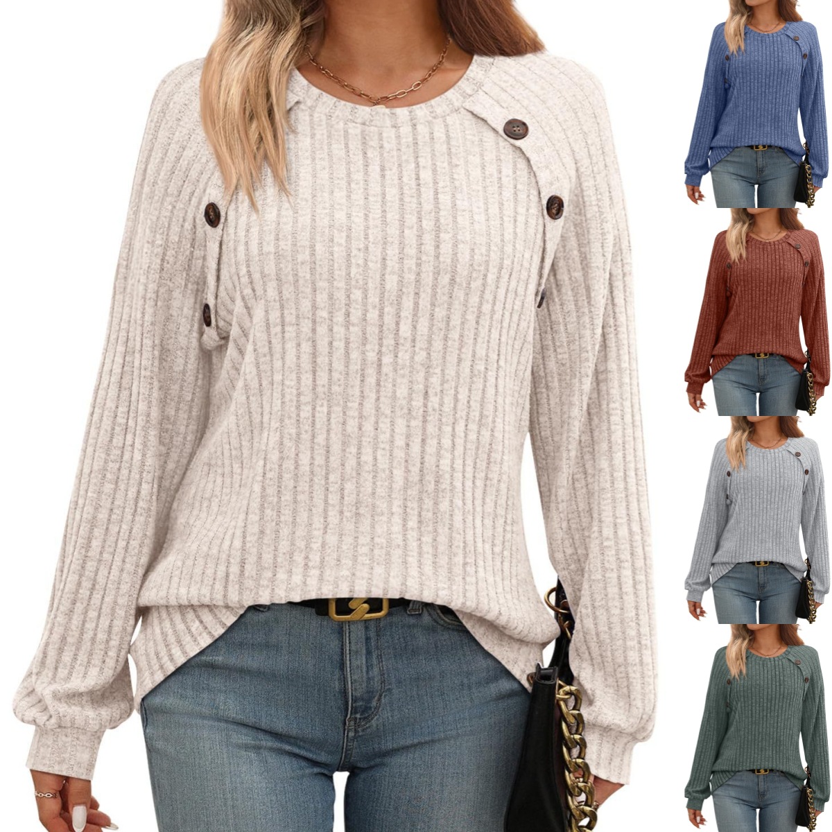 12-color in-stock 2025 winter new cross-border Amazon women's round-neck button striped hoodie base layer full figure