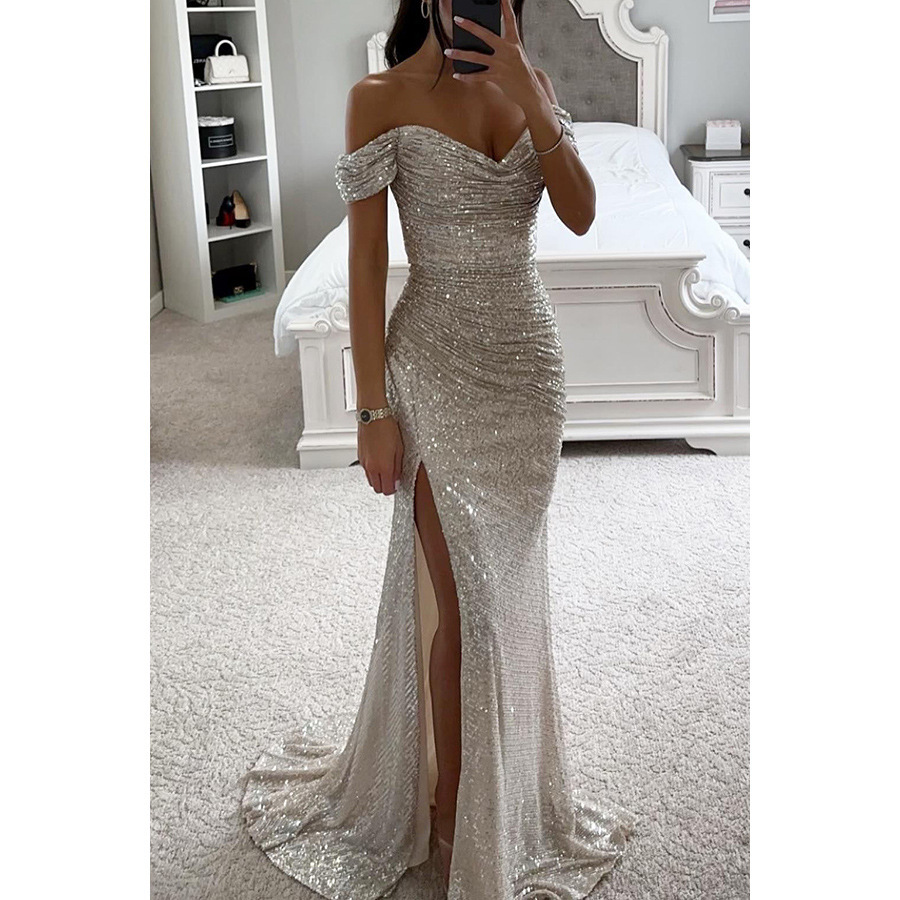Cross-border 2025 New European and American party sequined one-shoulder split dress, INS casual fashion dress for women Specification drawing