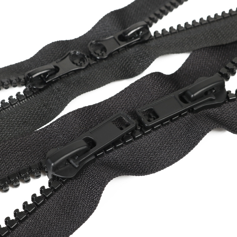 No. 5 double-headed resin zipper, double opening tail, ordinary teeth, black pull lock, clothing, luggage, down jacket, front lapel pull chain Specification image
