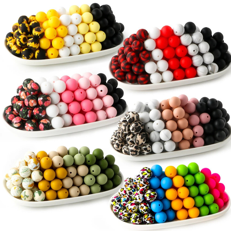 Water transfer printed silicone beads, DIY soft bead dental gel, pacifier chain, round bead accessories, loose beads, colorful leopard print Item Picture