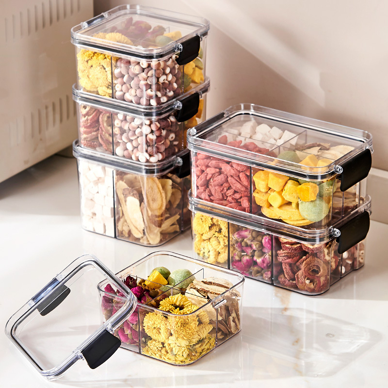 Compartment-sealed jar flower tea storage box, food-grade grain storage jar, dry goods square transparent storage jar with lid Application Scenario