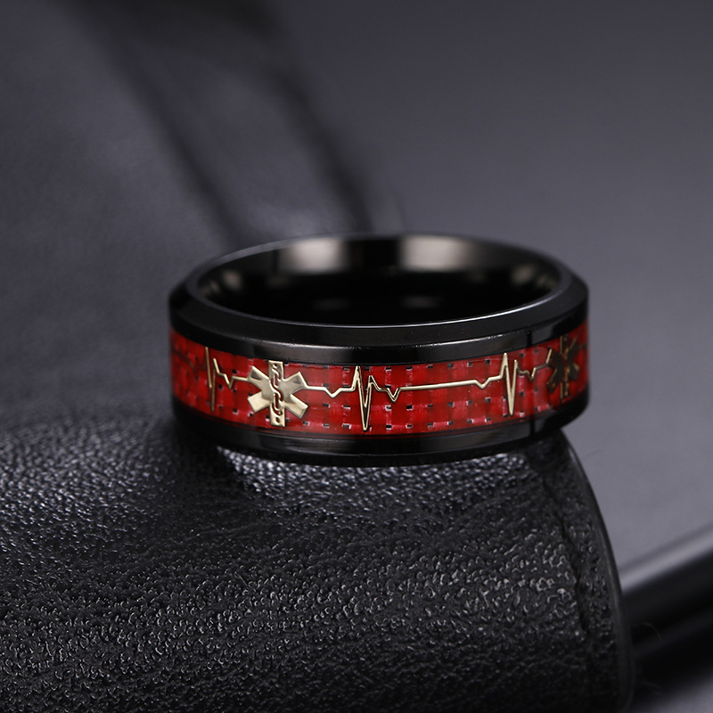 Half-price clearance: Red carbon fiber medical logo titanium steel ring, new Life Heart jewelry for men Application Scenario