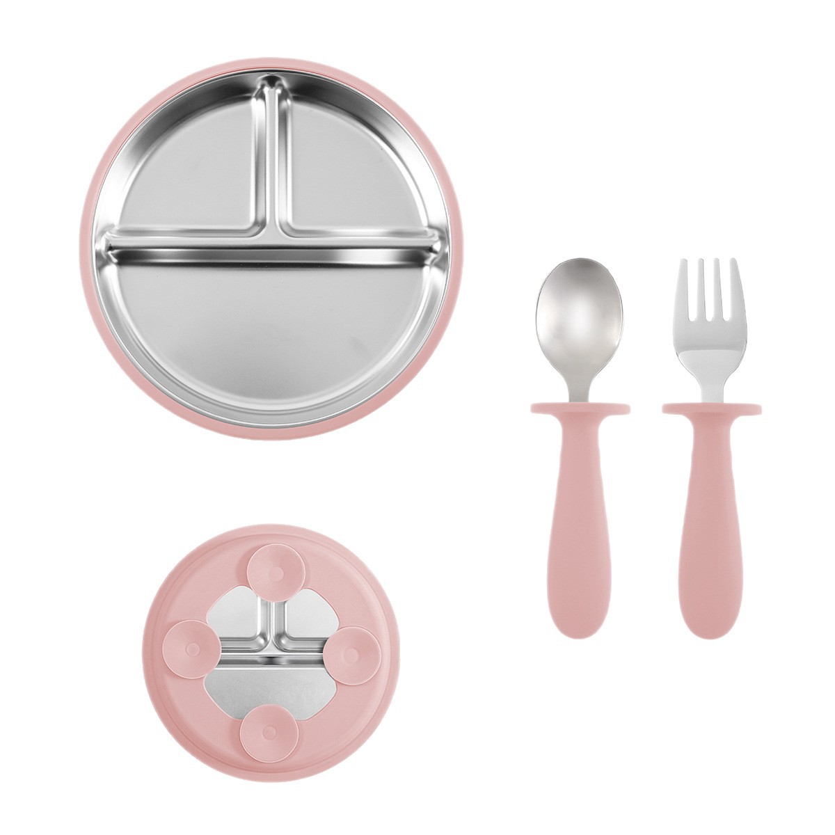 Cross-border new product 304 stainless steel silicone children's feeding set suction cups, baby complementary food plates, bowls, forks, spoons and tableware Item Picture