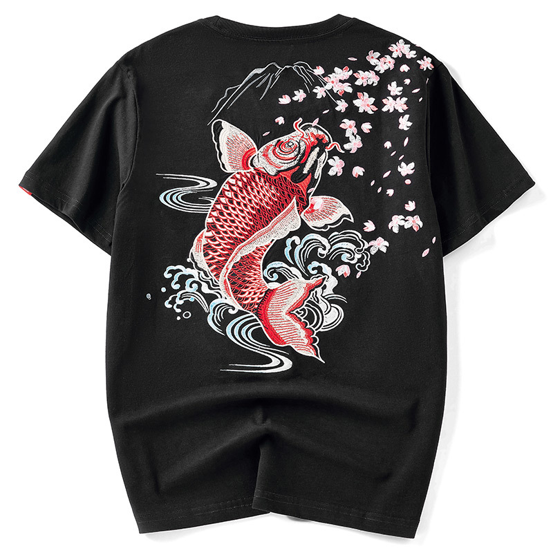 Summer new Chinese-style heavy embroidery carp pure cotton loose ethnic style men's short-sleeved T-shirts for men and women Item Picture