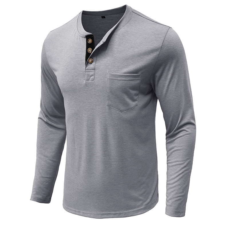 European and American men's long-sleeved round-neck T-shirts, Amazon men's base shirts, foreign trade men's T-shirts, Henry round-neck tops details Picture