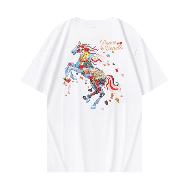 2026 National Trend Style seven-color horse embroidery short-sleeved T-shirt, loose top for men and women in the Year of the Horse, heavy embroidery Specification image