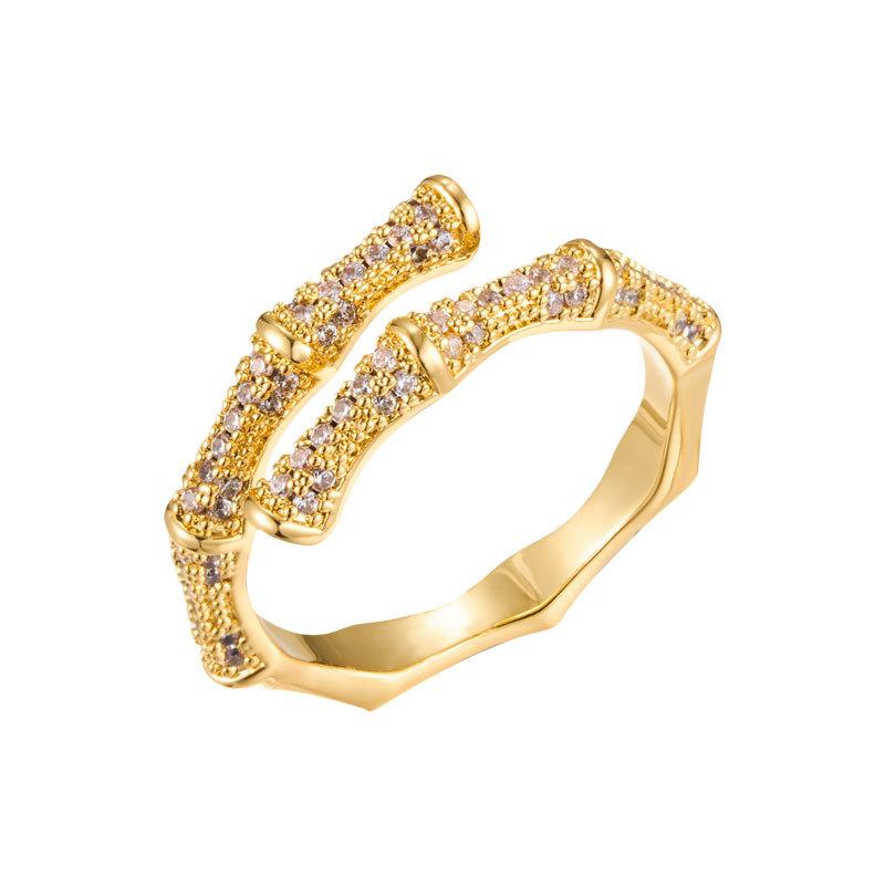 A light luxury double-layer overlapping bamboo-joint open ring with a high-end feel. It is made of copper alloy, set with zircon, and electroplated with real gold for adjustment Item Picture