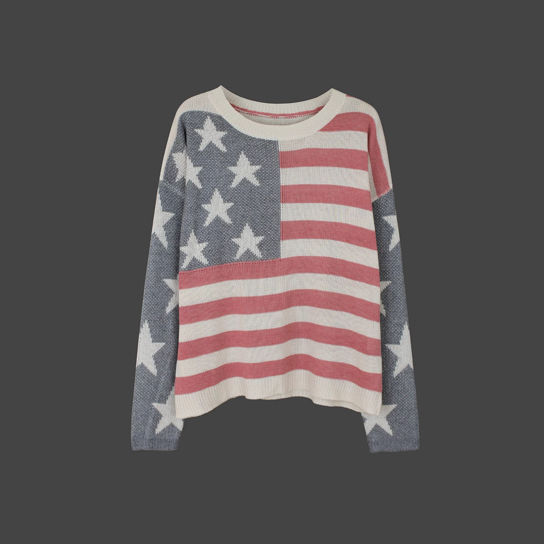 Foreign trade cross-border Amazon source manufacturer sweaters, women's knitted sweaters, American flag long-sleeved tops, spring and summer details Picture