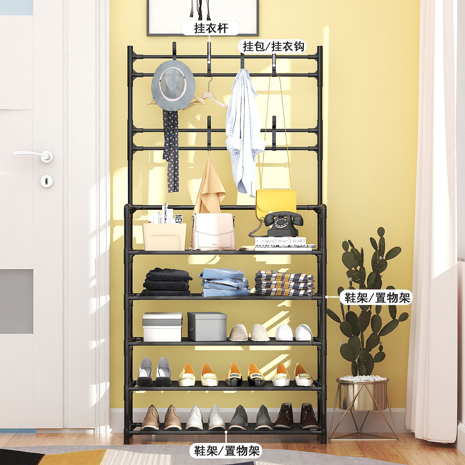 菲律宾热销简易落地衣帽架一体组合家用鞋帽架卧室挂衣架置物架