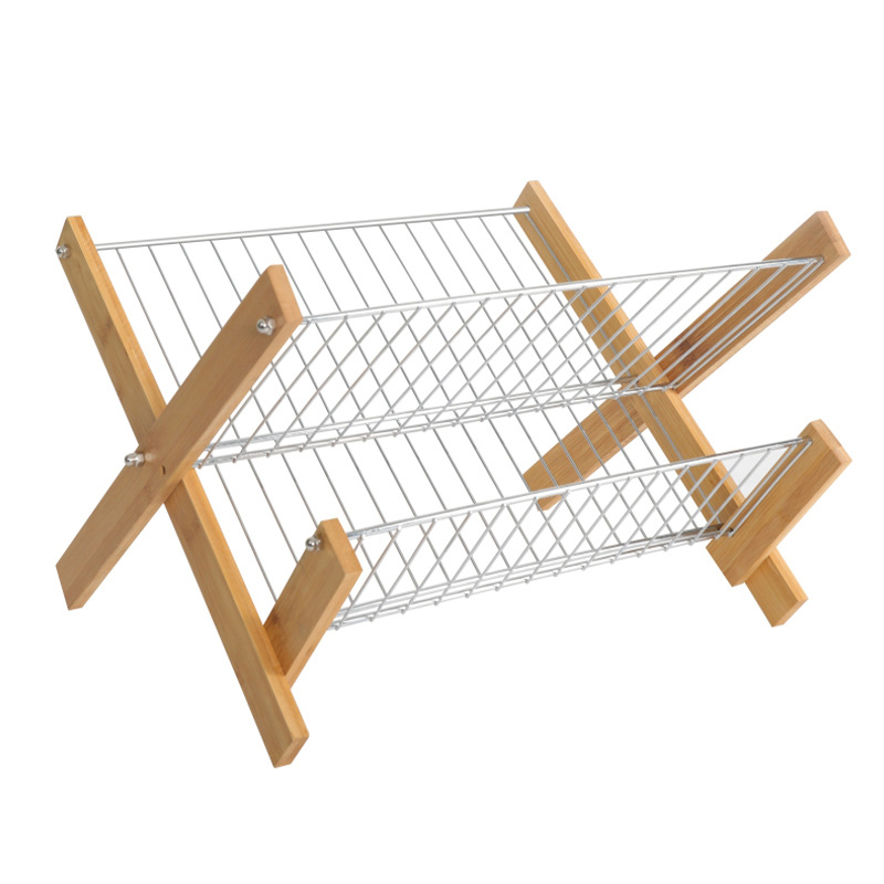 Bamboo and wood foldable dish storage rack, bowl rack, draining rack, countertop, multi-functional kitchen storage rack, multi-layer wholesale Item Picture