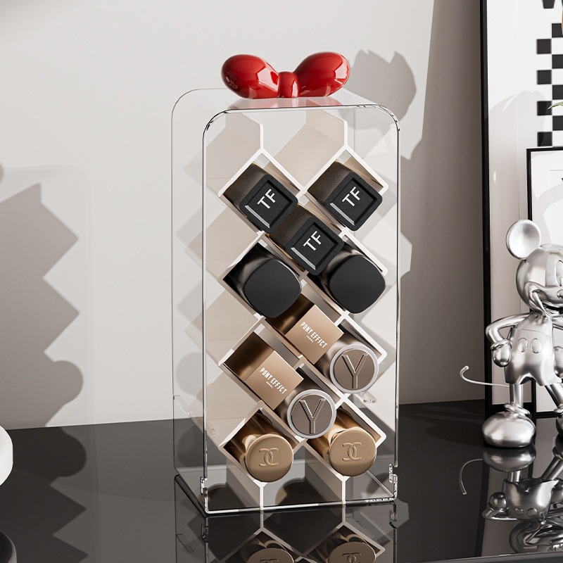 PET desktop makeup brush storage rack, flip-top eyebrow pencil and eyeshadow brush storage rack, mouth red lip gloss compartmentalized storage box Application Scenario