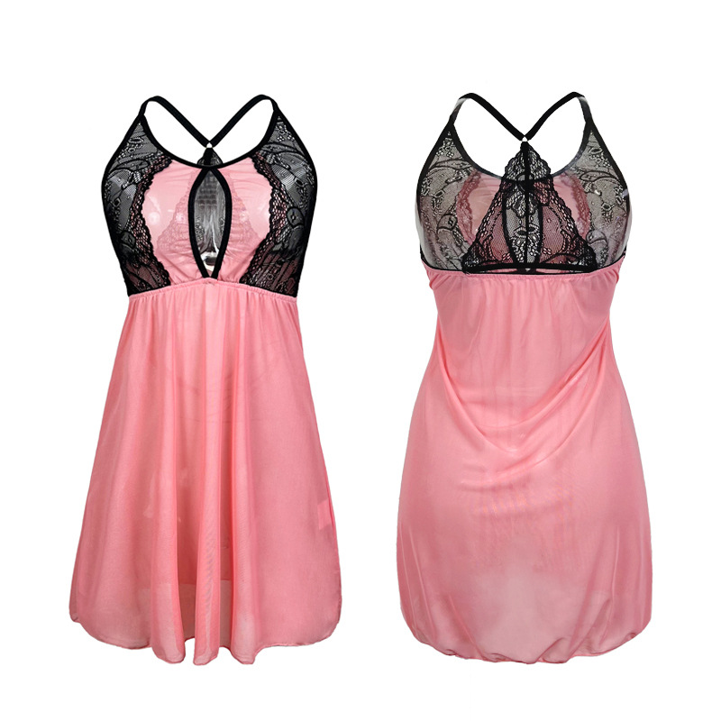 Feiyun Cross-border Sexy Mesh see-through Seductive Lingerie Sweet Lace Patchwork Backless Halter Sleeping Dress 092 Item Picture