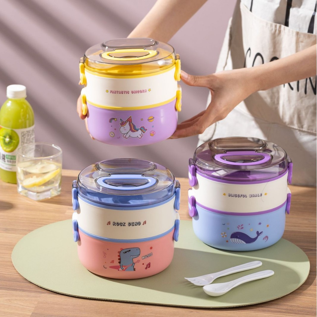卡通饭盒双层保温餐盒可进微波炉圆形多格便当盒食品级学生可爱餐产品图
