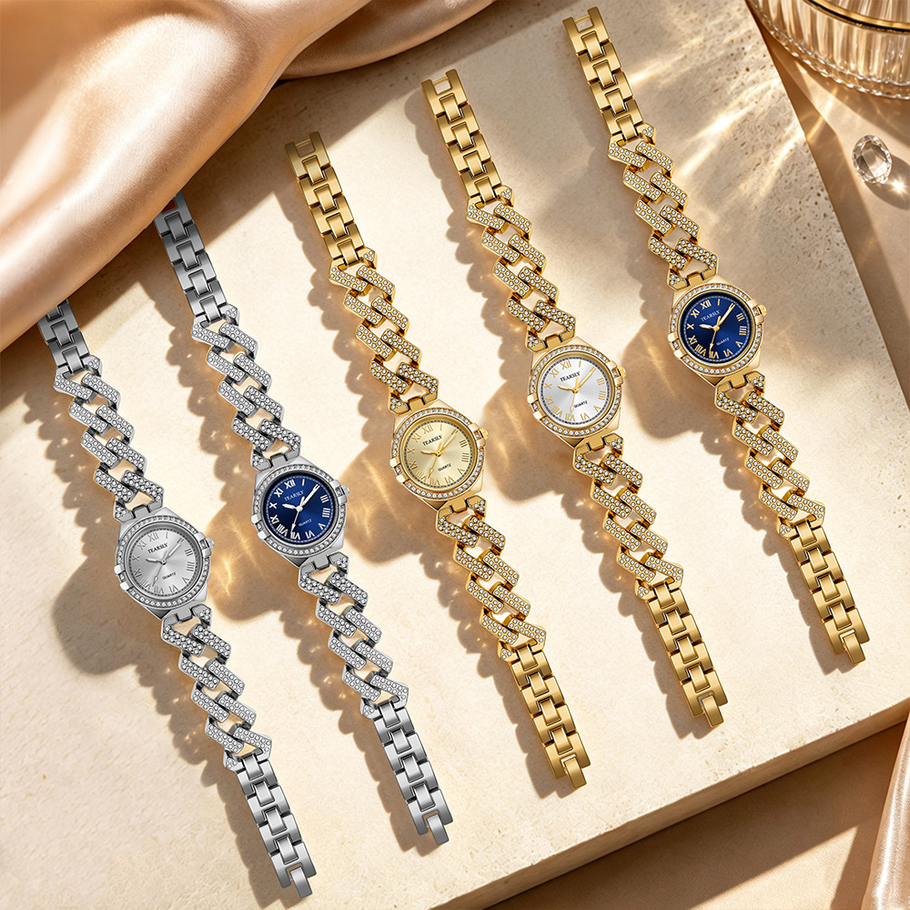 Cross-border bestsellers: Cuban chain diamond-encrusted women's watches, round luminous quartz watches, fashionable watches for women, wholesale and customization Specification image