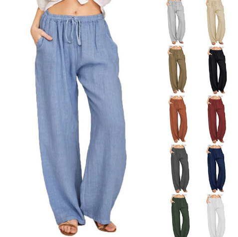 2026 Amazon ebay AliExpress large-sized women's trousers in Europe and America, linen loose casual pocket drawstring wide-leg trousers for women details Picture