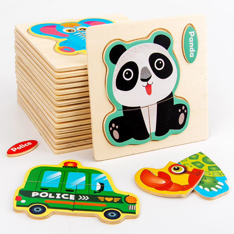 Wooden jigsaw puzzle toys, panda police car, dinosaur irregular-shaped jigsaw puzzle, detachable boat model, children's educational toys