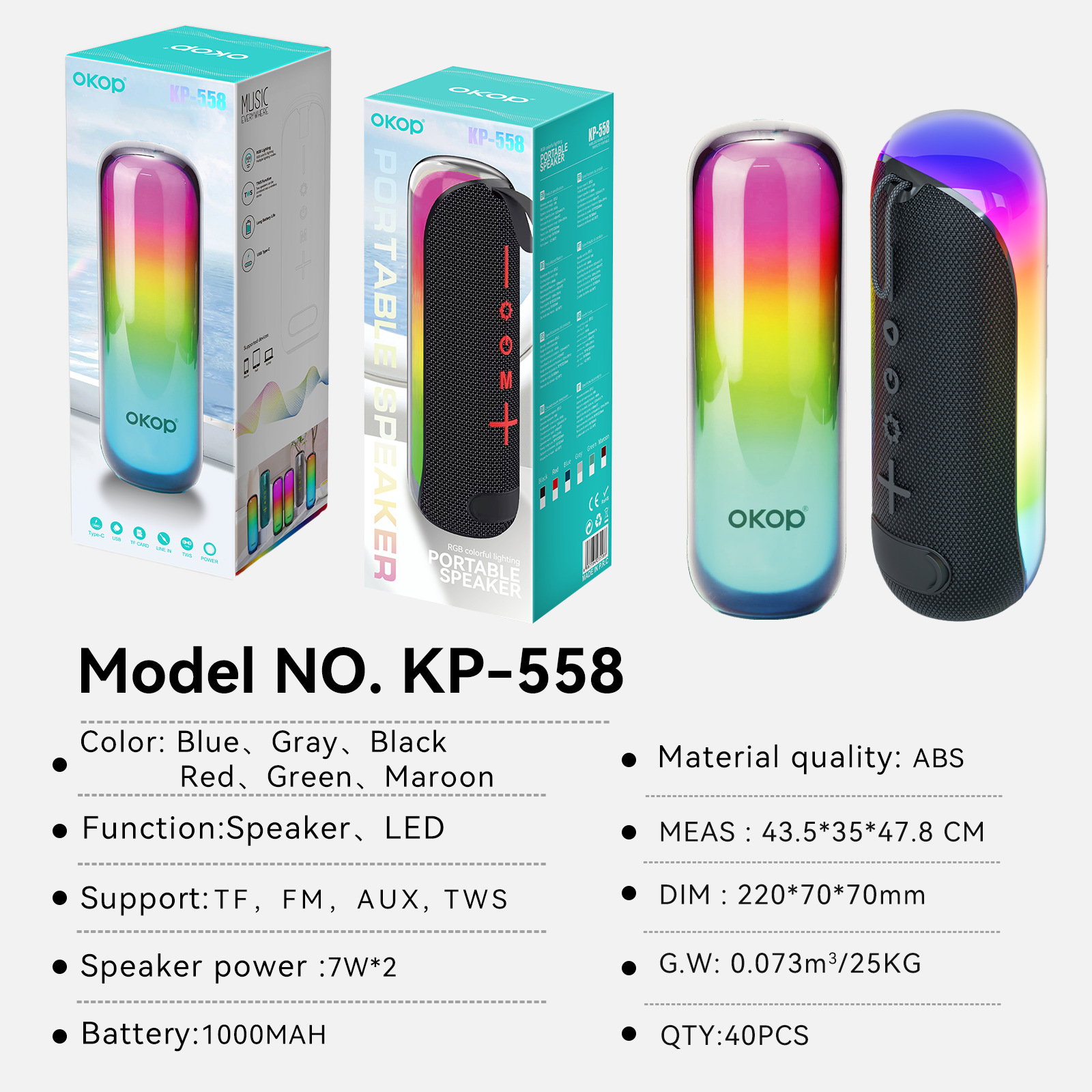 558 Bluetooth speaker Outdoor portable hand-held lanyard bestseller RGB Colorful marquee Light Cross-border card Insert small speaker details Picture