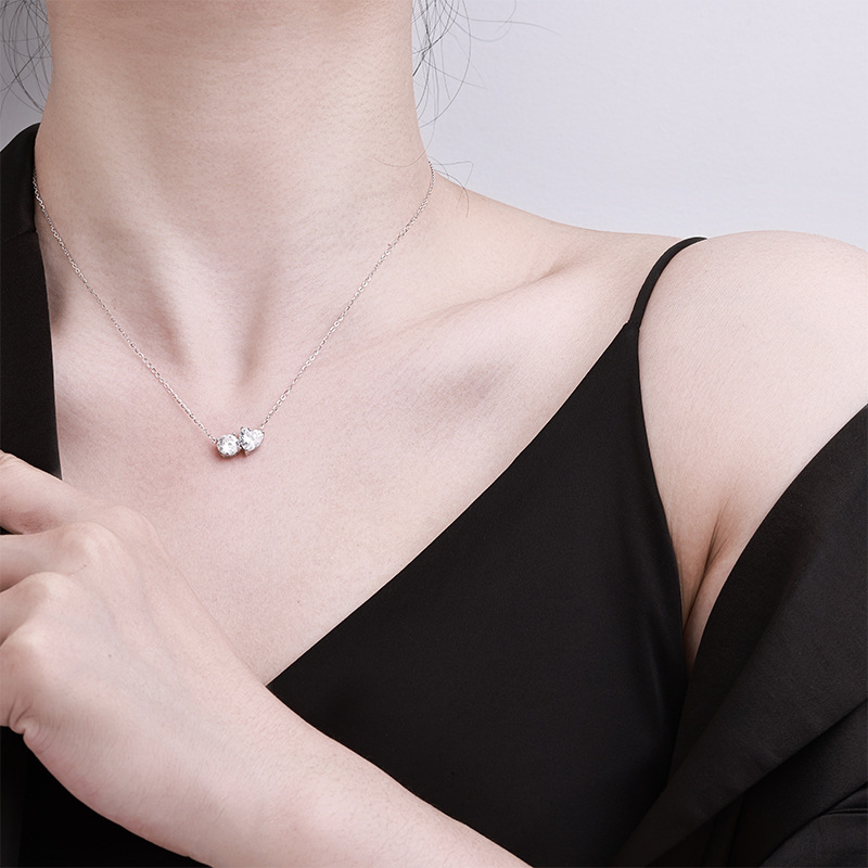 Wholesale of the new Korean version S925 sterling silver necklace for women with double heart Moissan-inlaid exquisite and personalized design