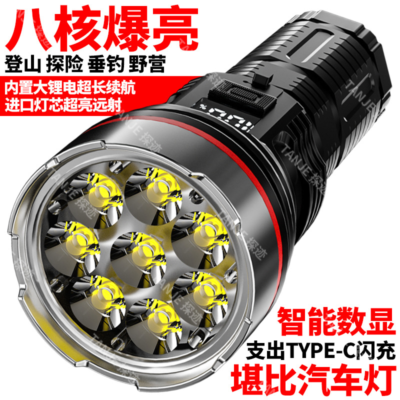 Cross-border new 8-LED outdoor high-intensity, ultra-bright, long-range, multi-dimming, ultra-long battery life type-C rechargeable flashlight Item Picture